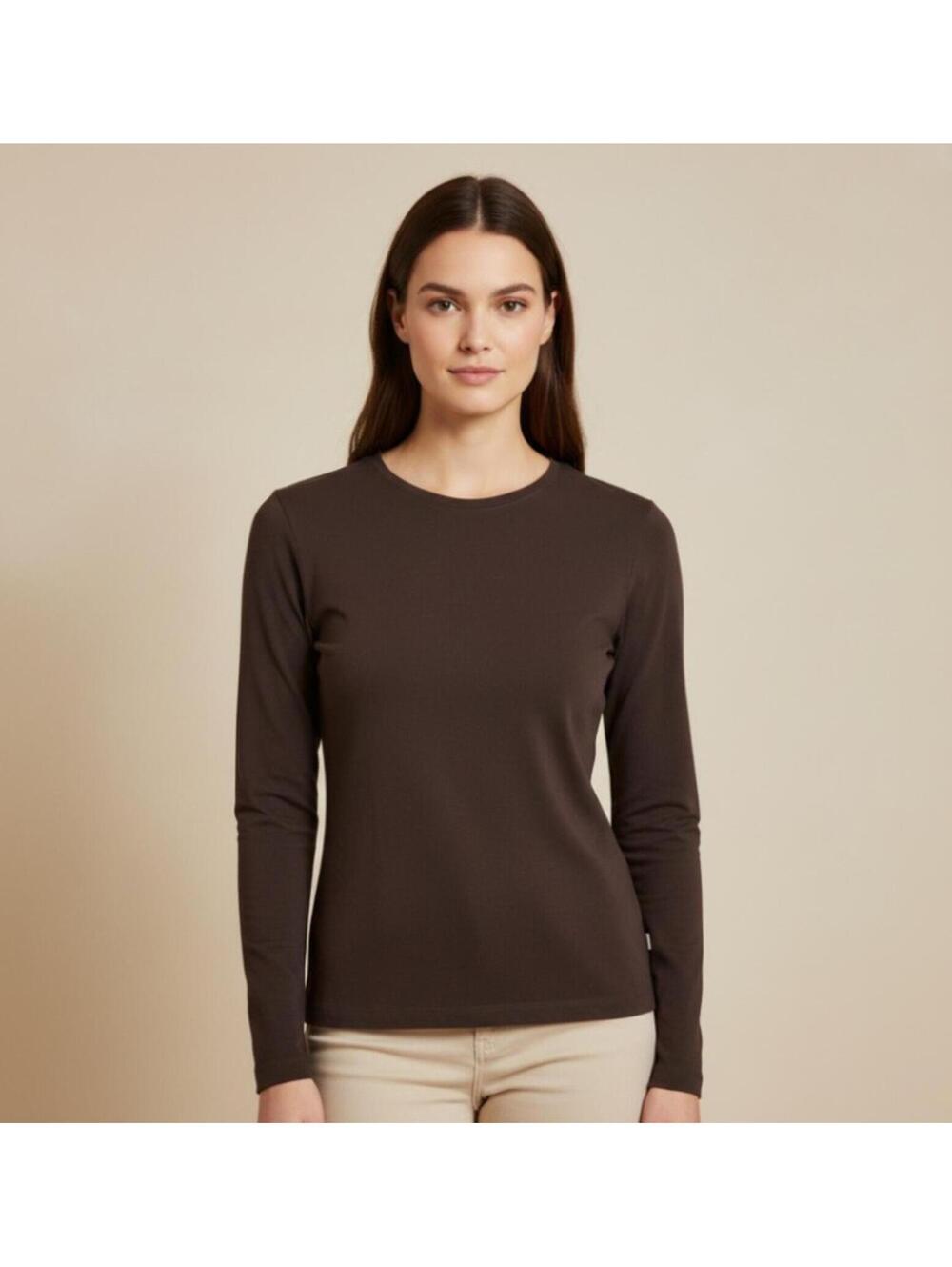 Caslon Women's XS Brown Cotton Long Sleeve Crewneck T-Shirt Minimalist Fitted